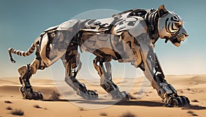 tiger Animal robot walking through desert. A futuristic landscape with a silhouetted city on the horizon