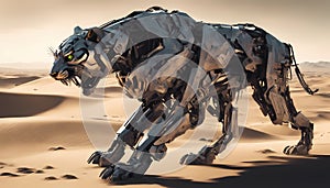 tiger Animal robot walking through desert. A futuristic landscape with a silhouetted city on the horizon