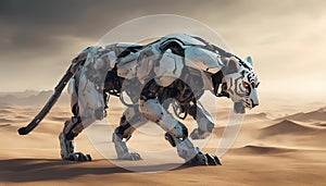 tiger Animal robot walking through desert. A futuristic landscape with a silhouetted city on the horizon