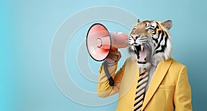 Tiger announcing using hand speaker. Notifying, warning, announcement photo