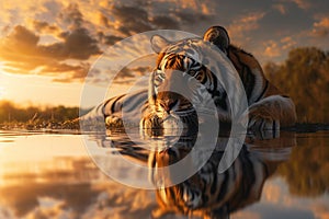 Tiger basking in the warm glow of sunset its reflection shimmering in the river below creating a breathtaking portrait of the big