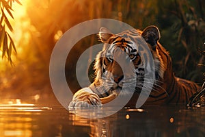 Tiger basking in the warm glow of sunset its reflection shimmering in the river below creating a breathtaking portrait of the big