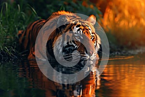 Tiger basking in the warm glow of sunset its reflection shimmering in the river below creating a breathtaking portrait of the big