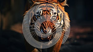 A tiger with a big mouth and bright eyes staring at the camera, AI