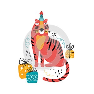 Tiger birthday with gifts. Exotic cat on holiday. Hand drawn cute cartoon tiger character in a festive hat. Jungle animals wild