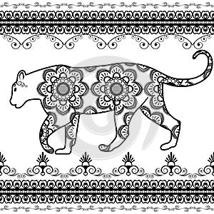 Tiger with border elements in ethnic mehndi style. Vector illustration isolated on white background