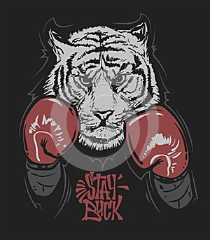 Tiger in boxing gloves and lettering print design for t-shirt