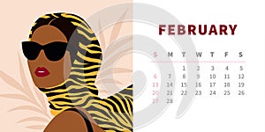 Tiger calendar design concept 2022. Woman in sunglasses and striped tiger shawl. Horizontal page template for February