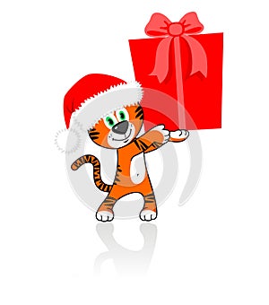 Tiger in a cap of Santa Klaus