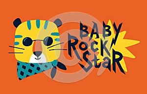 Tiger card. Baby Rock Star. Vector cartoon character. Illustration on a red background for children in the style of