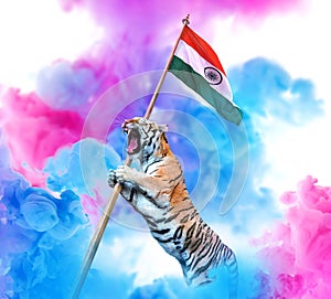 Tiger carrying an indian flag with colourful smoke background