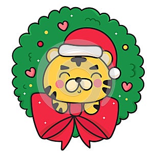 Tiger cartoon vector wear cute Santa hat with Christmas wreath