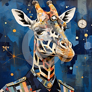 Colorful Collage: Blue Giraffe In Military Dress - Illusory Wallpaper Portraits photo