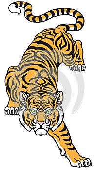 Tiger climbing down. Tattoo. Isolated vector illustration
