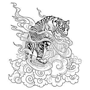 Tiger Climbing on hill and cloud design with Chinese or Japanese tattoo illustration ink doodle drawing  oriental for coloring
