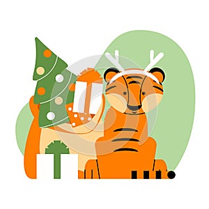 The tiger cub accepts New Year\'s gifts.Vector illustration in a flat cartoon style. The symbol of the year. photo