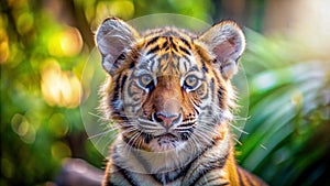 tiger cub with cute face on blur green plant background