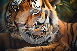 Tiger cub on his mother tiger in a jungle