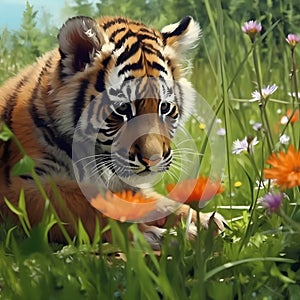 Tiger cub lying in the grass with flowers and looking at camera