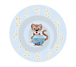 Tiger cub with pisces zodiac sign Astrological sign icon Vector cartoon illustration Horoscope and Eastern New Year.
