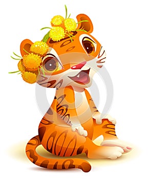 Tiger cub sits and smiles. Tiger symbol of 2022
