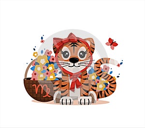 Tiger cub with virgo zodiac sign Astrological sign icon Vector cartoon illustration Horoscope and Eastern New Year.