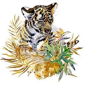 Tiger cub watercolor illustration. Jungle wild animal