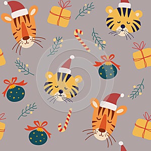 Tiger Cubs Muzzles Christmas seamless pattern. Gifts, Christmas tree, toys and twigs. Vector illustration for decor, textile,