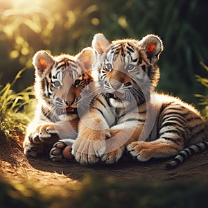 Tiger cubs resting, AI generated illustration