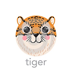 Tiger Cute portrait with name smiley cartoon round shape animal, isolated vector icon illustrations on white background