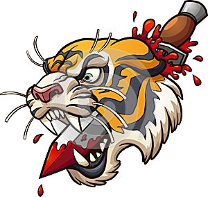 Cartoon tiger head stabbed by a dagger photo