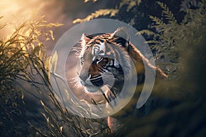 Tiger in Dark Lush Green Jungle, Wildlife Scenery, Generative AI