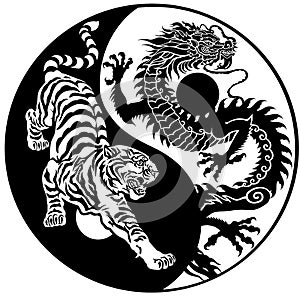 Tiger and dragon silhouette yin yang. Tattoo