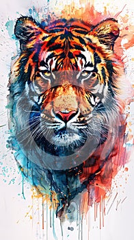 Tiger drawing design portrait illustration in vivid watercolor multicolor style