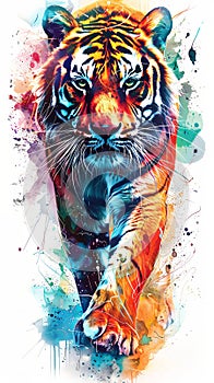 Tiger drawing design portrait illustration in vivid watercolor multicolor style