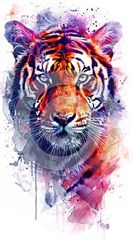 Tiger drawing design portrait illustration in vivid watercolor multicolor style