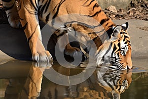 Tiger drinking river. Generate Ai