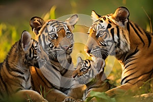 Tiger family resting on grass on sunny day. Generative AI