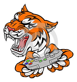Tiger Gamer Video Game Controller Cartoon Mascot