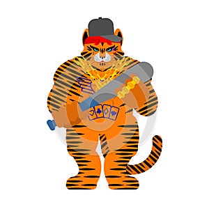 Tiger Gangsta isolated. Angry Big wild striped cat  bully member of gang of street criminals. Tattoos and weapons, gold chain and