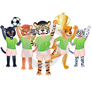 The tiger girl with goblet, and the team of panther, cougar, lion and snow leopard is on the white background