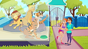 Tiger in Glass Cage Scared Women in Zoo. Vector