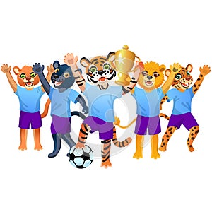 The tiger with goblet and soccer ball, and the team of cougars, panther, lion and jaguar is on the white background