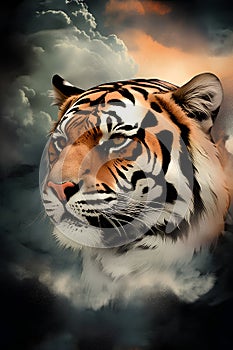 Tiger head with cloudy sky background, digital painting, illustration.