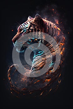 Tiger head connected with galactic nebula. A tiger on a black background i photo