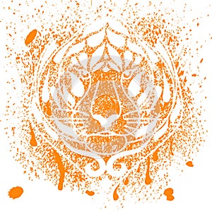 Tiger head. Face stencil on splashes of orange paint spray. Symbol 2022 year of the tiger. Background for t-shirt, retro logos,