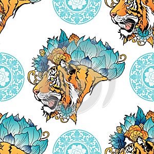 Tiger head with flower oriental Chinese illustration doodle coloring for digital printing seamless pattern