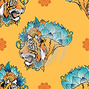 Tiger head with flower oriental Chinese illustration doodle coloring for digital printing seamless pattern