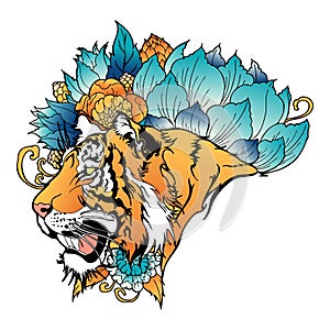 Tiger Head with Flower oriental chinses illustration doodle tattoo  style with coloring