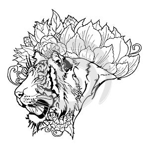 Tiger Head with Flower oriental chinses illustration doodle tattoo  style